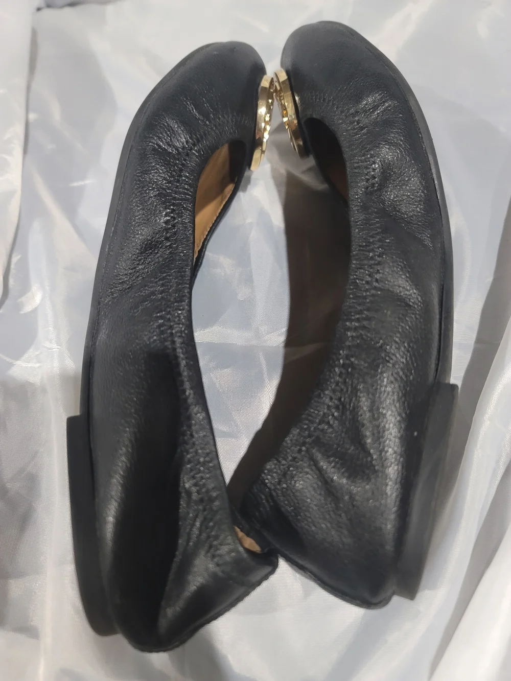 Tory Burch Black Leather Reva Ballet Flats Gold Logo Size 10